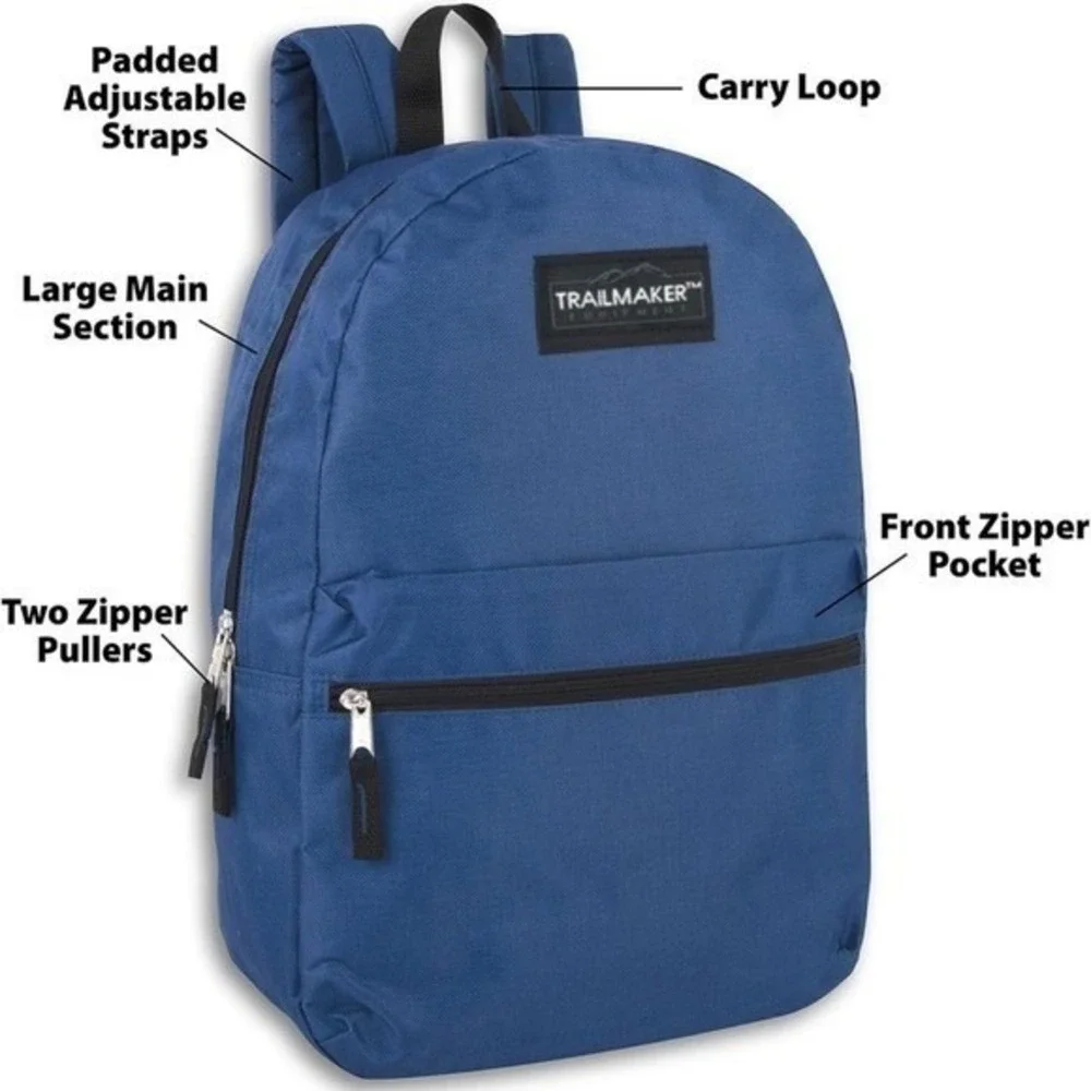 Trailmaker Navy Blue Classic Backpack Padded Straps Front Zip Pocket Unisex